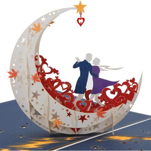 Moon Boat (Blanc) NLR ¿ Carte de pop-up 3D amoureux dansant sur bateau en forme de lune, idéale pour anniversaire, Saint Valentin, anniversaire, cérémonie de mariage (blanc)