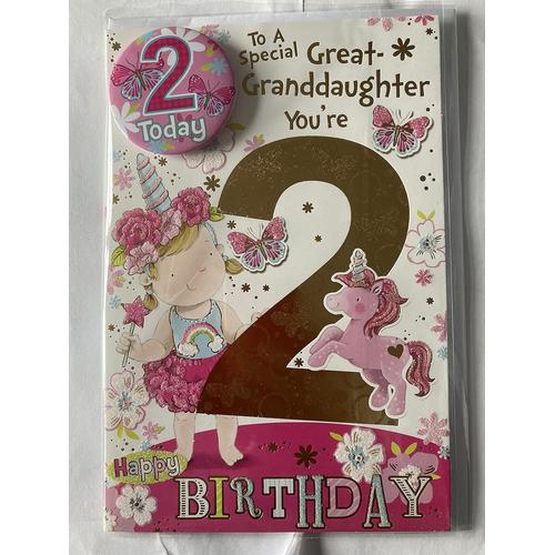 Carte d'anniversaire E » pour petite-fille de 2 ans ¿ Enveloppe et badge inclus ¿ Design animé avec petite fille et licorne