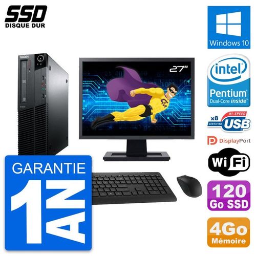 PC Lenovo M81 SFF Ecran 27" Intel G630 RAM 4Go SSD 120Go Windows 10 Wifi