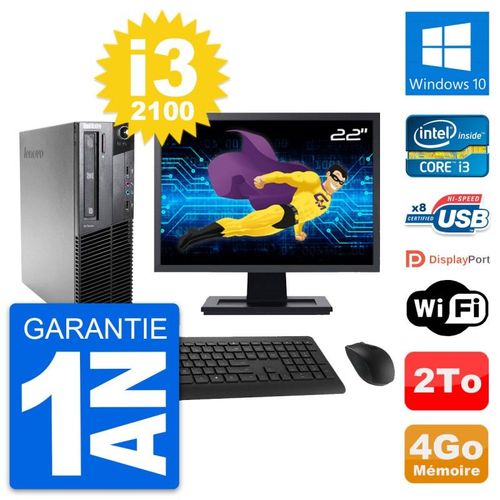 PC Lenovo M81 SFF Ecran 22" Intel i3-2100 RAM 4Go Disque Dur 2To Windows 10 Wifi