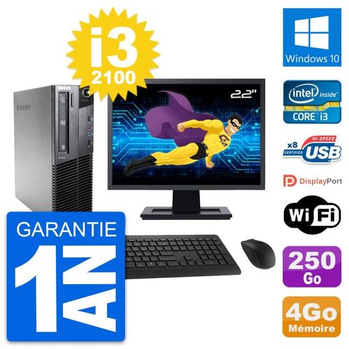 PC Lenovo M81 SFF Ecran 22" Intel i3-2100 RAM 4Go Disque 250Go Windows 10 Wifi