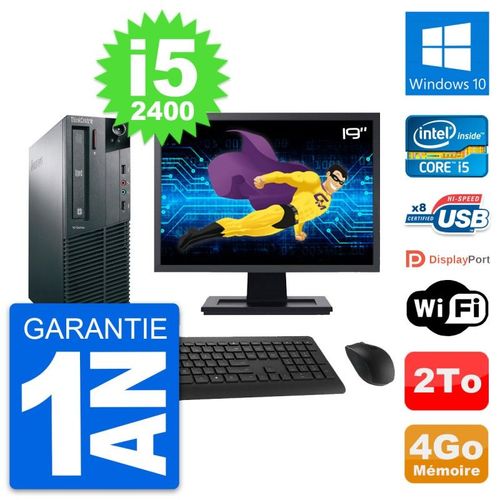 PC Lenovo M81 SFF Ecran 19" Intel i5-2400 RAM 4Go Disque Dur 2To Windows 10 Wifi