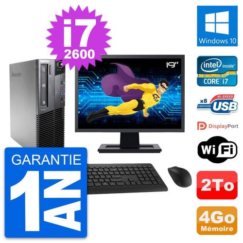 PC Lenovo M81 SFF Ecran 19" Intel i7-2600 RAM 4Go Disque Dur 2To Windows 10 Wifi