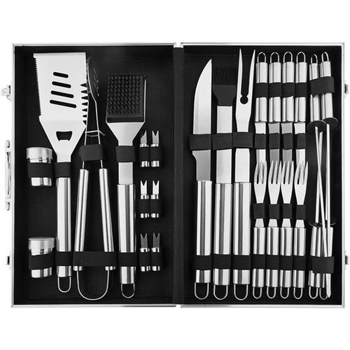 26Pcs BBQ Grill Tool Set Ustensiles de Barbecue en Acier Inoxydable avec Portable Aluminium Casier de Rangement pour Voyage Camping Pique-Nique en Famille, Argent