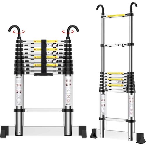 Argent Échelle Télescopique 2,6m, Échelle Pliante En Aluminium Avec Crochets, Hauteur Réglable, Charge Max 150kg, Pour L'entretien De La Maison, Le Garage, Le Camping Etc.