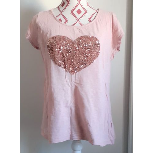 Tee-Shirt Avec Coeur En Paillettes, Intégralement Rose, T. 4