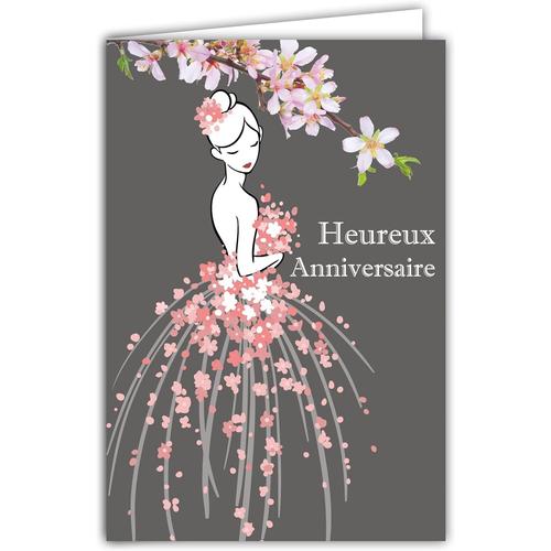 Rose Grise Carte Heureux Anniversaire pour Jeune Fille - Femme Illustration Robe de Fleurs Roses Printanières Princesse Danseuse Fée - Enveloppe Incluse - Fabriquée en France 65-1333