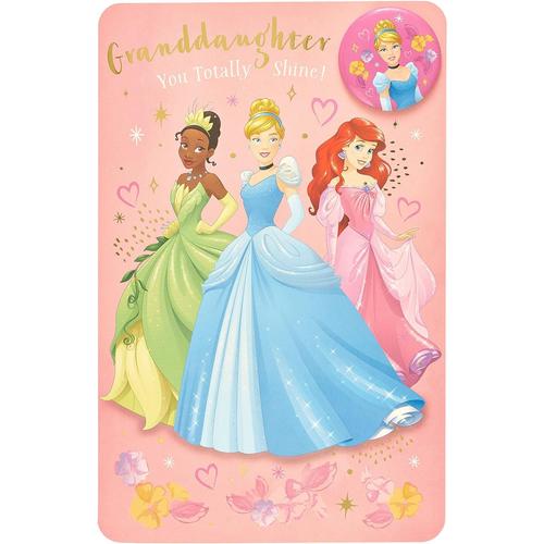 Badge Princesse Carte d'anniversaire pour petite-fille avec badge ¿ Carte d'anniversaire Princesse Disney pour petite-fille ¿ Cendrillon, Ariel Tiana, multicolore, 149 x 229 mm