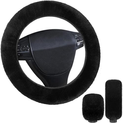 Noir Noir Couvre Volant Housse De Volant Hiver Couvre Volant Voiture Peluche Housse Volant + Couvre De Changement De Vitesse + Couvre Frein À Main Pour Automne Hiver Chaude Antidérapante Universelle