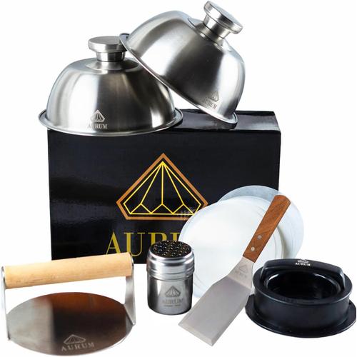 Aurum® Kit hamburgers de luxe avec presse à hamburgers Smash Burger, moule à hamburgers, plaque à barbecue, presse à omelettes, écraseur de pommes de terre, ustensiles de cuisine en acier moule