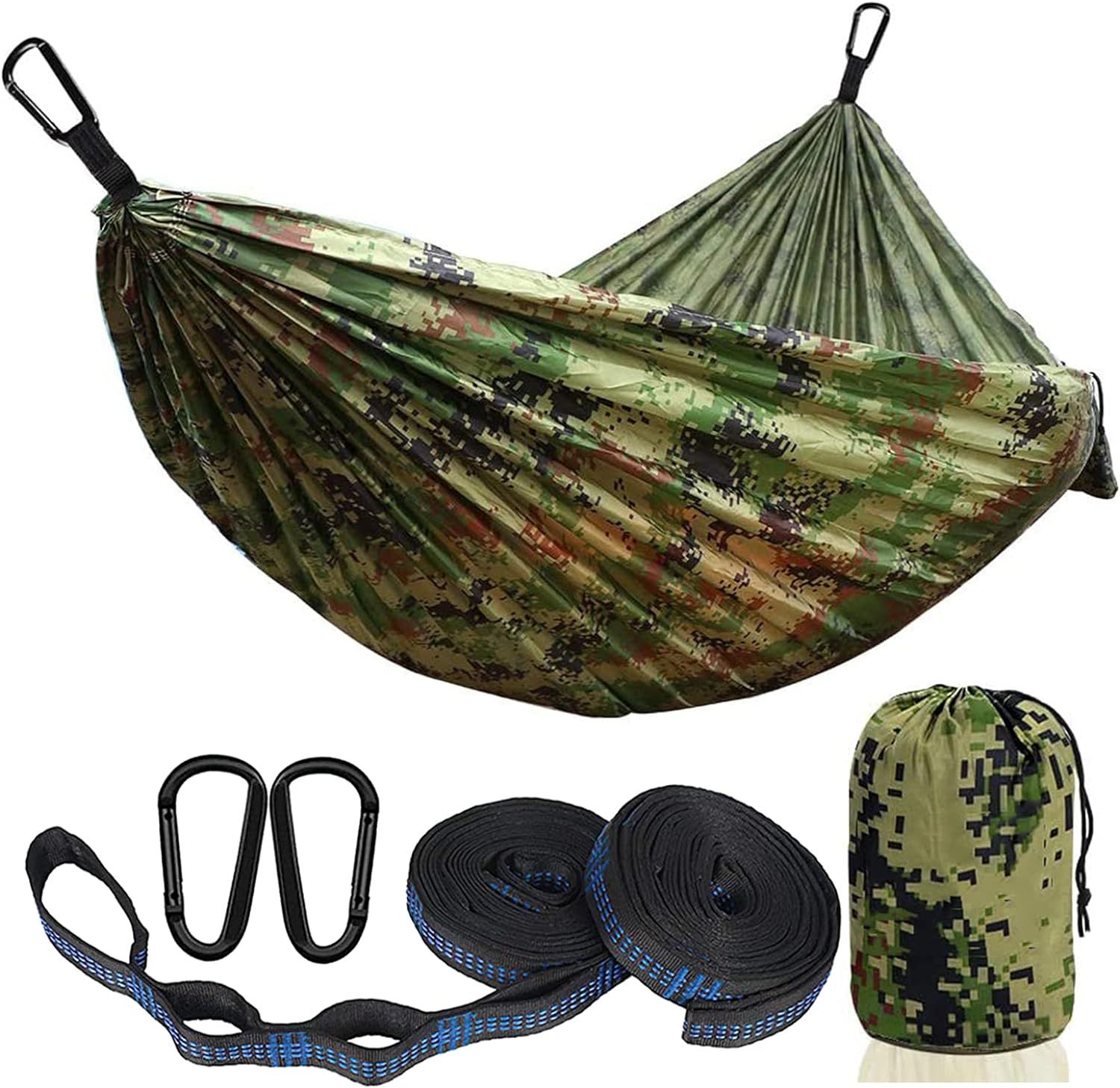 Camouflage Camouflage Ultra-Léger Hamac Bivouac D'extérieur, Hamac Toile De Parachute Portable, Double Hamac Survie Max Payload 300kg, 270x140cm, 2 Mousquetons, 2 Sangles, Pour Jardin