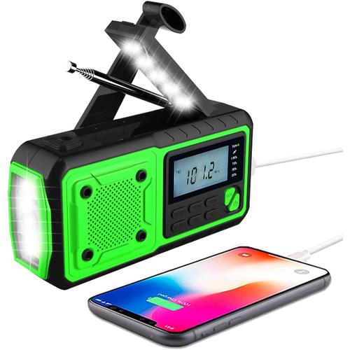 Radio Portable Rechargeable 4000mAh Radio Poste Radio d'urgence Météo Solaire/manivelle/à Piles Chargeur De Batterie Portable avec AM/FM, Lampe De Poche LED, Alarme SOS pour La Randonnée