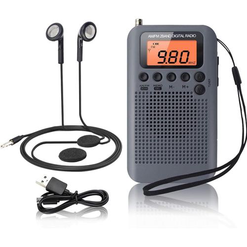 Argent Mini Radio Portable AM FM Radio de Poche 2 Bandes Stéréo Radio Stéréo Mini DSP Récepteur numérique Tuning avec écran LCD Batterie Rechargeable et Casque pour Marche (Argent)