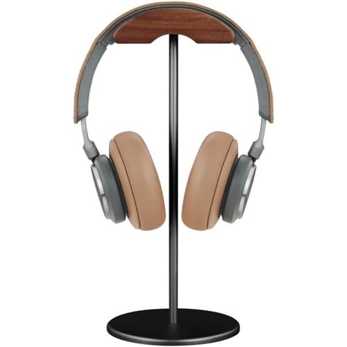 Noire Noire Support de casque, support de casque en bois de noyer et en aluminium, porte-casque de jeu Nature en noyer avec une base