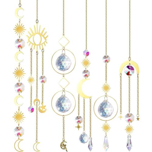 Doré Lot de 6 attrape-soleil en cristal doré à suspendre avec chaîne, boules colorées en verre arc-en-ciel pour fenêtre, maison,