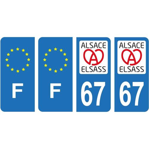 Bleu Bleu Lot 4 Autocollants Plaque Immatriculation Département 67 Bas-Rhin Région Alsass Alsace & F France Europe