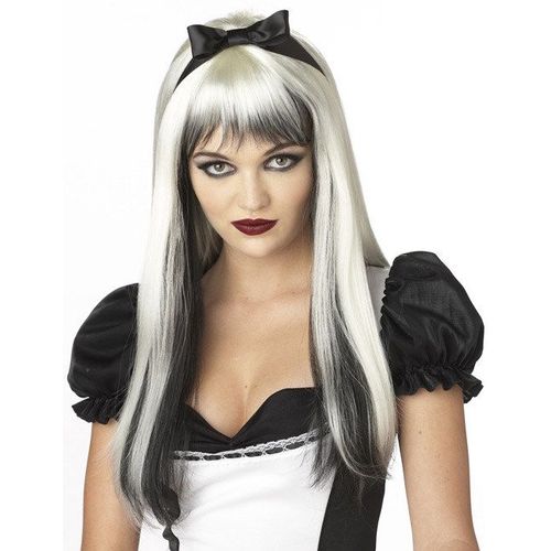 Perruque Blanche Et Noire Aux Cheveux Longs Avec Mèches Adulte