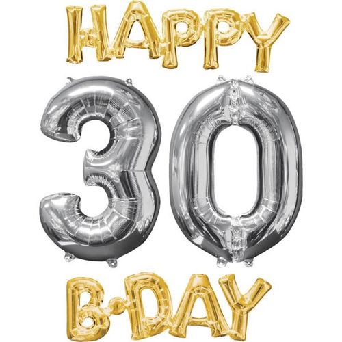 4 Ballons Aluminium Happy Bday 30 Or Et Argent