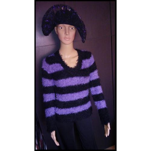 Pull Col V En Maille Douce Et Chaude Toucher Peluche - 38 / 40 = M - Pullover Tunique Pull Over À Poils En Poil Doux Noir Violet Mauve - Vêtement Pour Femme Ou Fille ( Chapeau Et Pantalon Non Vendus )