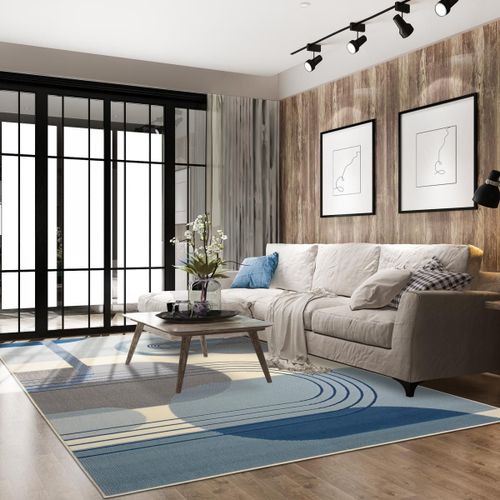 Tapis Chambre 80x150 Tissé Bleu Et Crème Rectangle Motif Rétro-Vintage Af2 Courbla