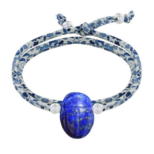 Les Poulettes Bijoux - Bracelet Double Tour Lien Liberty Talisman Scarabée Lapis Lazuli Et Perles Argent