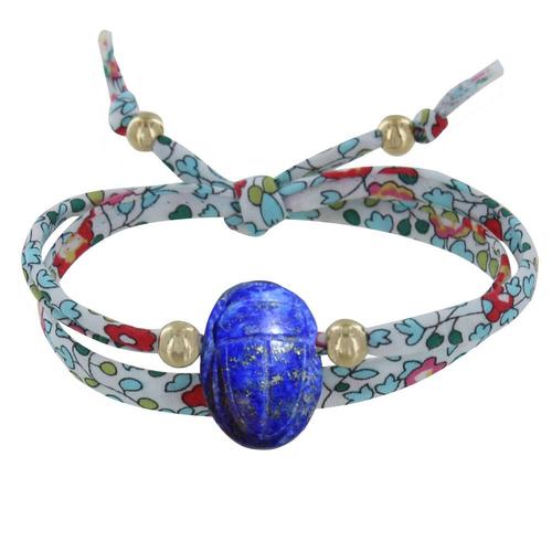 Les Poulettes Bijoux - Bracelet Double Tour Lien Liberty Talisman Scarabée En Lapis Lazuli Et Perles Plaqué Or