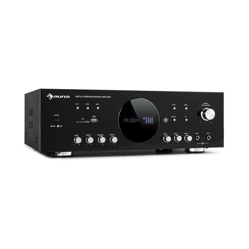 auna AMP-218 BT Amplificateur surround numérique 5.1 - Bluetooth / USB / SD - Télécommande - 2 entrées micro - 390W RMS - Noir