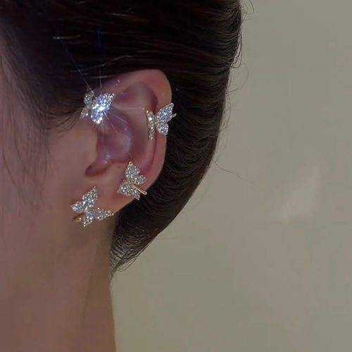 Boucles D'oreilles À Clip Papillon En Feuille De Métal Plaqué Argent Pour Femmes, Clips D'oreille Sans Piercing, Zircon Étincelant, Manchette D'oreille, Bijoux De Mode