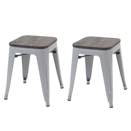 2x Tabouret Hwc-A73 Avec Siège En Bois, Tabouret En Métal, Design Industriel, Empilable   Gris