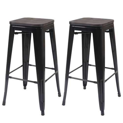 2x Tabouret De Bar Hwc-A73 Avec Siège En Bois, Chaise De Comptoir, Métal, Design Industriel, Empilable   Noir