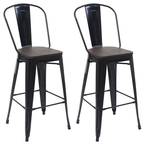 2x Tabouret De Bar Hwc-A73 Avec Siège En Bois, Chaise Comptoir Avec Dossier, Métal, Design Industriel   Noir