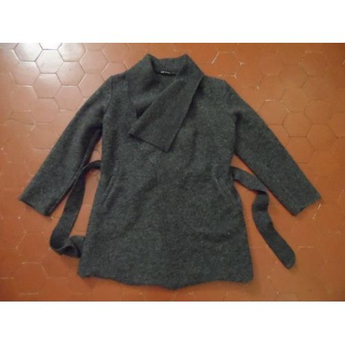 Longue Veste Laine Mélangée Feutrée Gris Chiné