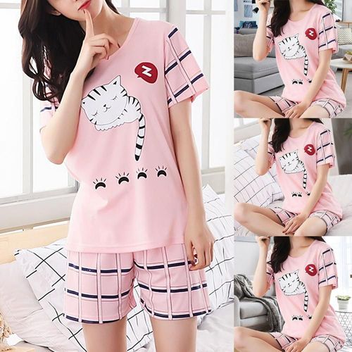 Ensemble Pyjama À Carreaux Imprimé Chats De Dessin Animé, Vêtements Doux, Zones D'usure, Tenue D'été