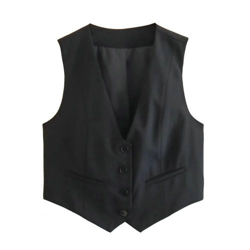 Gilet Chic À Simple Boutonnage Pour Femme, Col En V, Veste En Fibre, Glaçage, Petites Poches, Coupe Couvertes, Vêtements De Travail