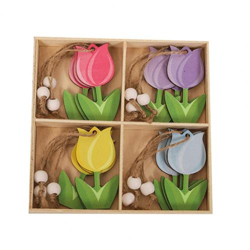 Ornements de tulipes en bois portables, forme de tulipe de dessin animé, cadeau de vacances fabuleux, décoration, 12 pièces