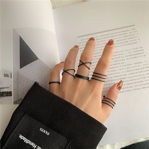 Lats-Bagues Punk Minimalistes En Métal Noir Lisse, Géométriques, Bijoux De Ixpour Femme Et Fille, 6 Pièces/Ensemble