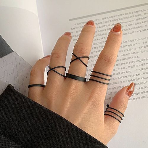 Bagues En Métal Pour Femmes Et Filles, 6 Pièces/Ensemble, Minimaliste, Noir Lisse, Géométrique, Bijoux De Fête, Nouvelle Collection