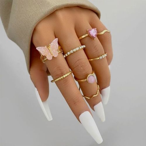 Lats ¿ Ensemble De Bagues En Cristal Papillon Violet Clair Pour Femmes, 7 Pièces, Nouvelle Tendance, Bijoux Tendance, Accessoires Modernes, Cadeau De Fête