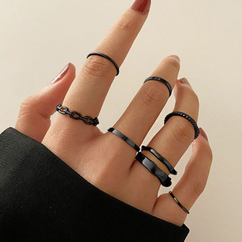 Lats-Bagues Punk Minimalistes En Métal Noir Lisse, Géométriques, Bijoux De Ixpour Femme Et Fille, 6 Pièces/Ensemble
