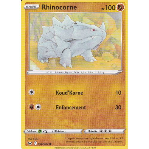 Carte Pokemon - Rhinocorne - 096/202 - Épée Et Bouclier