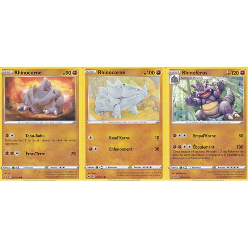 3 Cartes Pokemon - Rhinoféros 098/202 + Rhinocorne 097/202 + Rhinocorne 096/202 - Épée Et Bouclier
