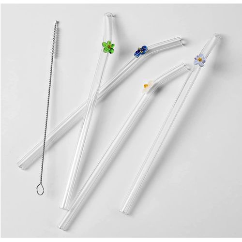 Pailles En Verre Transparentes À Fleurs Colorées, 8.2 En Effet X 8mm, Avec Brosse Pour Livres, Accessoires De Bar Pour Cocktails, 4 Pièces