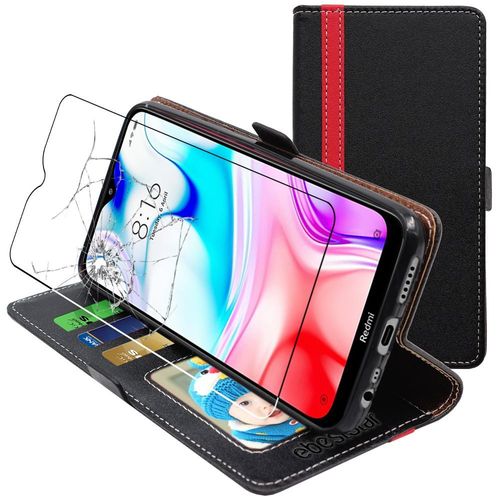 Ebeststar - Coque Xiaomi Redmi 8 8a Etui Portefeuille Porte-Cartes Support Stand, Noir / Rouge [Dimensions Precises Smartphone : 156.5 X 75.4 X 9.4mm, Écran 6.2''] [Nb: Lire Description]