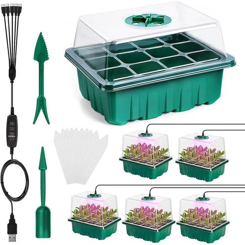 5 Pièces Mini Serre Pour Plantes,Intérieure Plateau Semis,Bac À Semis,Avec Lampe De Croissance,Couvercles,10 Étiquettes Et 2 Outils