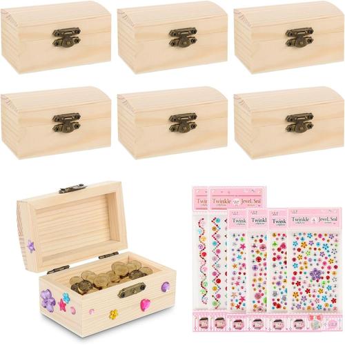 Lot De 6 Mini Boîtes Au Trésor Avec Couvercle - En Bois - Avec Couvercle - Pour Anniversaire D'enfant - Avec 6 Autocollants - Cadeau D'anniversaire Pour Enfants