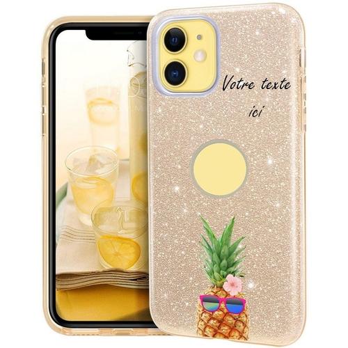 Coque Iphone 11 Glitter Paillettes Dore Ananas Lunettes Personnalisee