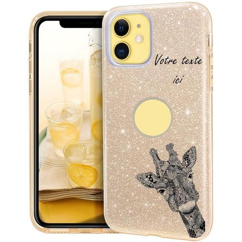 Coque Iphone 11 Glitter Paillettes Dore Girafe Doodling Personnalisee