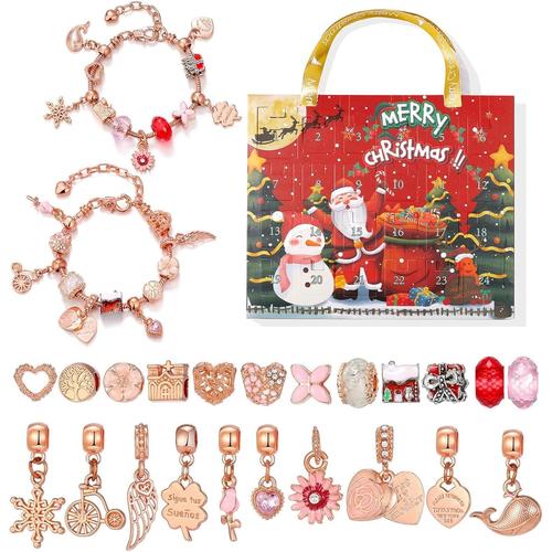 Calendrier de l'Avent de Noël pour filles - Bracelet de calendrier de l'Avent de Noël pour filles - Kit de fabrication de bijoux à faire soi-même, 22 perles de charme, 2 bracelets, bas de