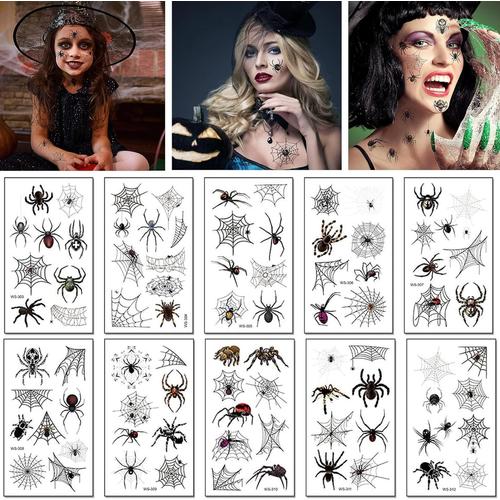 Autocollant De Tatouage D'araignée,10 Feuilles Halloween Araignée Tatouages Temporaires,Tatouages Temporaires Pour Visage Araignée,Araignée Tatouage Visage,Pour Pour Homme Femme Halloween Maquillage. 