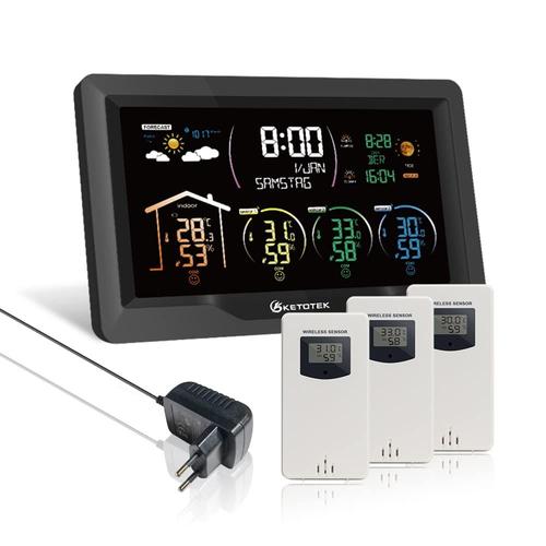 Station météo sans fil avec 3 capteurs extérieurs - Thermomètre numérique LCD - Hygromètre avec DCF - Réveil